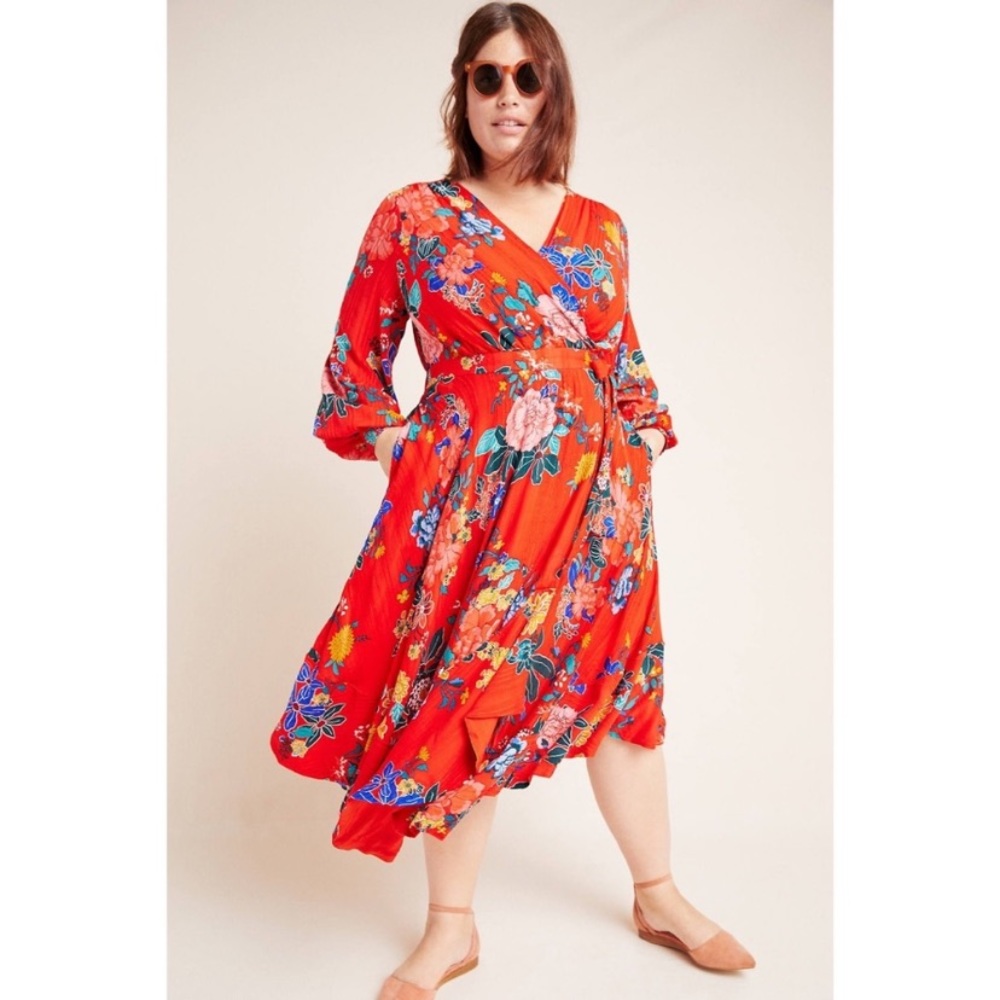 Anthropologie Red Floral Wrap Midi Dress